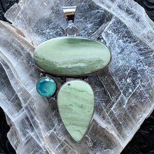 Opalite and Green Imperial Jasper Pendant Crystal Stone Jewelry